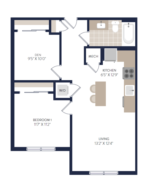 Floor plan for 1 bed, 1 bath, 731 sqft